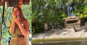 Our Skipper telling us jokes as we ride along the Jungle River Cruise. One of the things you can see is the Boats and Baits service center in the Amazon Rainforest visited by Skipper Frank Wolff.