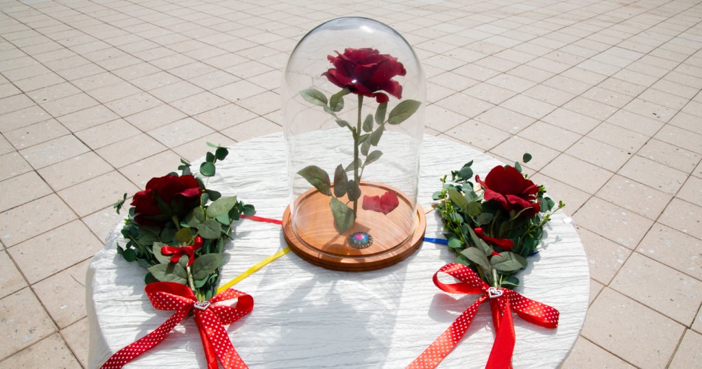 Our set up with the Bella Rose Dome Unity ceremony items as well as the roses for our moms to recognize them during the ceremony. We loved these little touches from our wedding! (Photo by David and Vicki Photography)