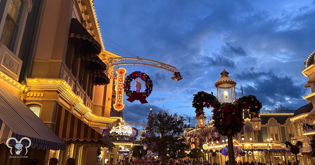 Main Street USA in Magic Kingdom at Christmastime.