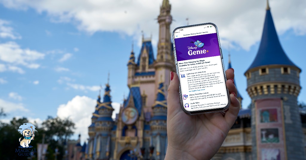 genie plus app on a phone in front of Cinderella's castle