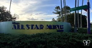 Melody Lane Street sign and Disney's All Star Music front entrance sign.