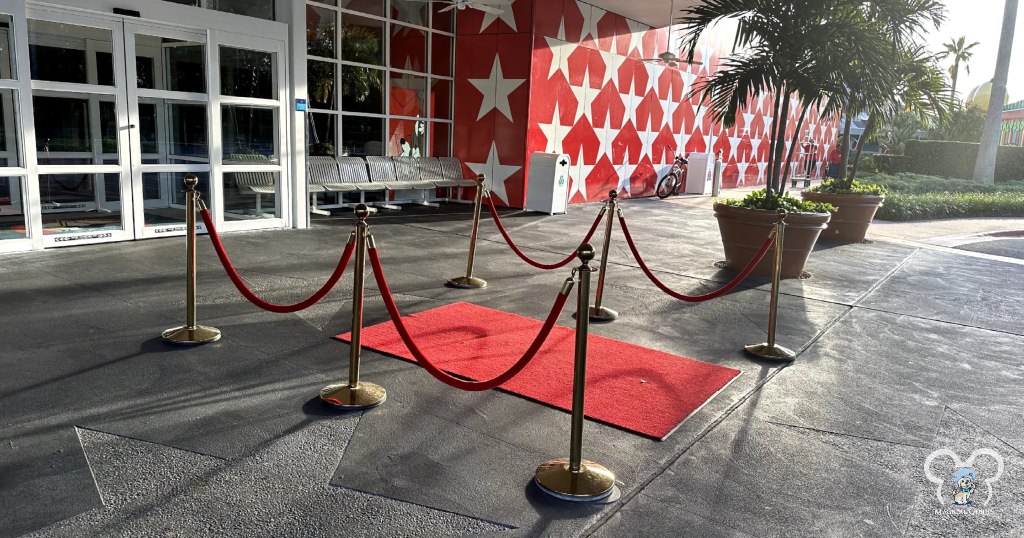 All-Star Music Resort's side entrance that takes you right into the front desk check-in area. The red carpet is always rolled out for guests.