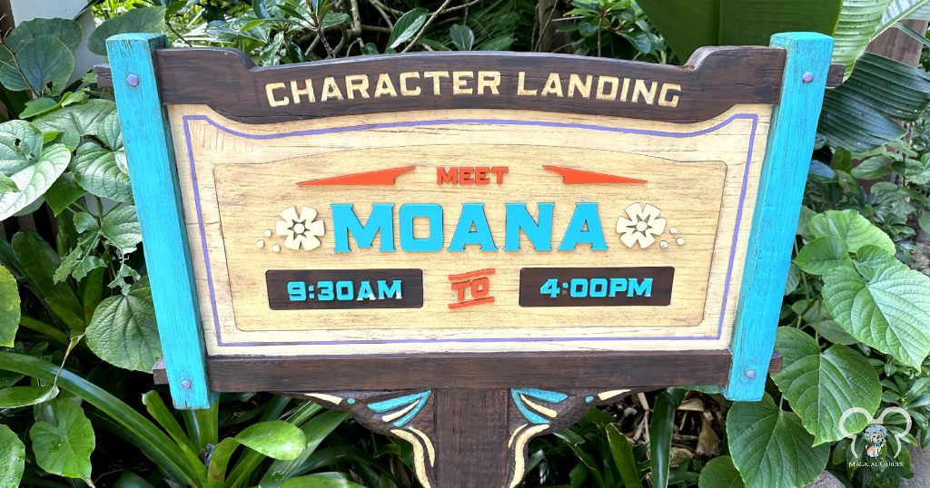 Character Landing Sign at Disney's Animal Kingdom. You can find out who the character is and how long they will be there. You can also find this information on the My Disney Experience App. 