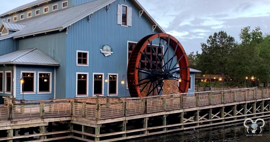 Disney's Port Orleans Riverside Big Mill Wheel outside the Riverside Mill food Court. This is the Sassagoula Steamboat Company (Main Building).