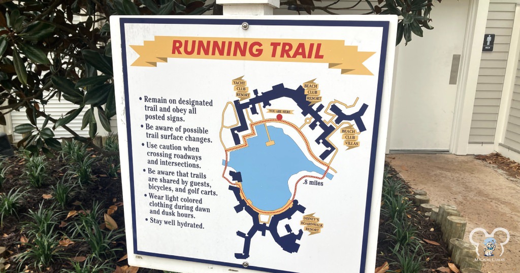 Running Trail. Remain on designated trail and obey all posted signs. Be aware of possible trail surface changes. Use caution when crossing roadways and intersections. Be aware that trails are shared by guests, bicycles, and golf carts. Wear light colored clothing during dawn and dusk hours. Stay well hydrated.