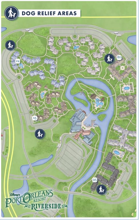 Official Disney Map for Pet Relief Areas at Disney's Port Orleans Riverside Resort.